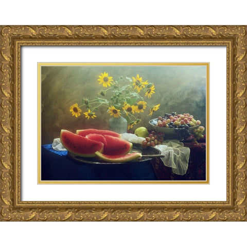 Still Life With Watermelon And Grapes Gold Ornate Wood Framed Art Print with Double Matting by Ustinagreen