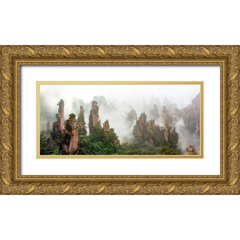 Cloud-Shrouded Zhangjiajie Gold Ornate Wood Framed Art Print with Double Matting by Zhu, Hua