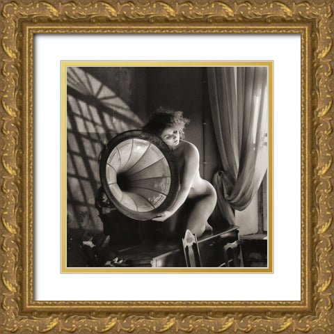 Girl With A Gramophone Gold Ornate Wood Framed Art Print with Double Matting by Kapsha, Eduards