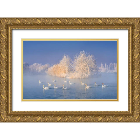 Swan Lake Gold Ornate Wood Framed Art Print with Double Matting by Zhu, Hua
