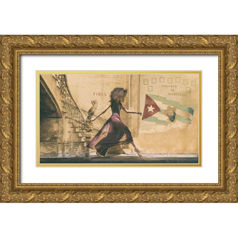 Walking In Havana Gold Ornate Wood Framed Art Print with Double Matting by Gil Raga, Joan