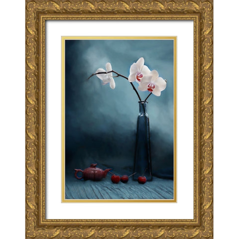 Orchid And Cherry Gold Ornate Wood Framed Art Print with Double Matting by Jacobs, Lydia