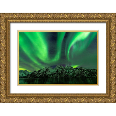 Lofoten Aurora Mountains Gold Ornate Wood Framed Art Print with Double Matting by Alicke, Bjoern