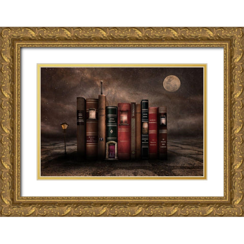 Night Library Gold Ornate Wood Framed Art Print with Double Matting by Vekemans, Muriel