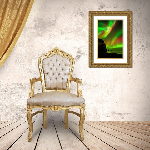 The Northern Lights Are Reflecting In The Ocean Gold Ornate Wood Framed Art Print with Double Matting by Simon, Petr