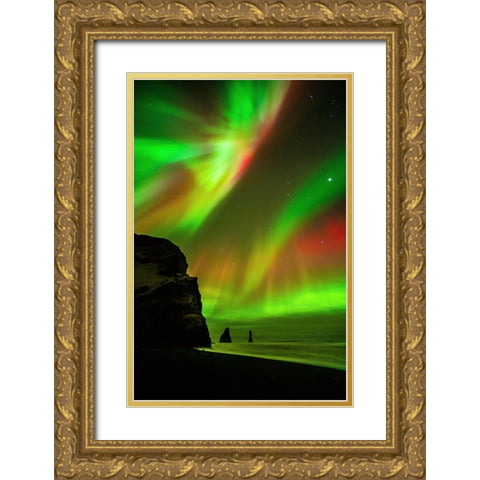 The Northern Lights Are Reflecting In The Ocean Gold Ornate Wood Framed Art Print with Double Matting by Simon, Petr