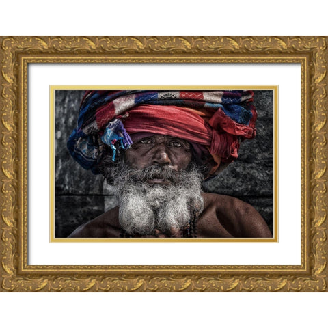 Man At The Pashupatinath Temple - Kathmandu Gold Ornate Wood Framed Art Print with Double Matting by Inazio Kuesta, Joxe
