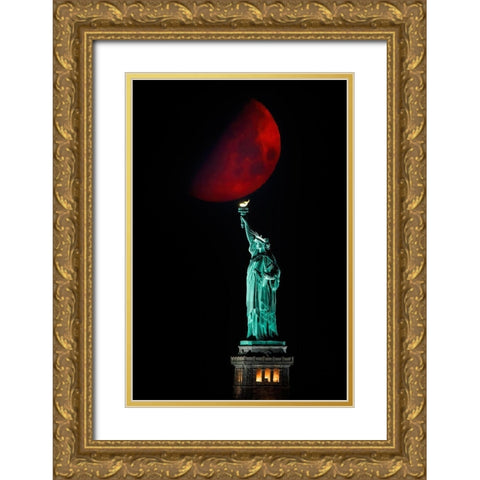 Statue Of Liberty And Moonset Gold Ornate Wood Framed Art Print with Double Matting by Zhu, Hua