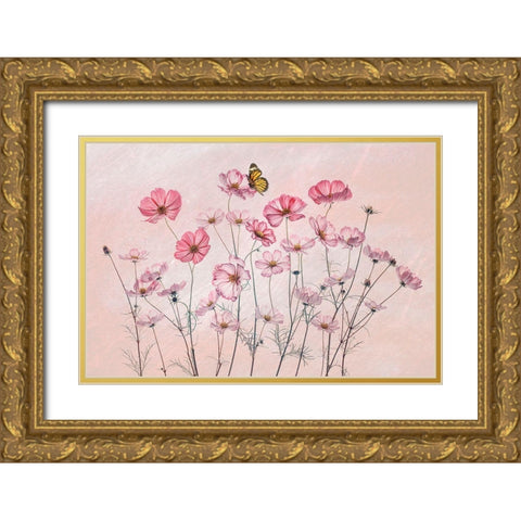 Cosmos And Butterfly Gold Ornate Wood Framed Art Print with Double Matting by Jacobs, Lydia