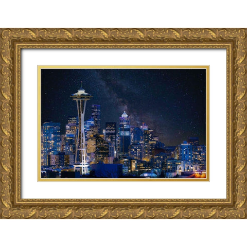Night At Seattle Gold Ornate Wood Framed Art Print with Double Matting by Gao, Danny