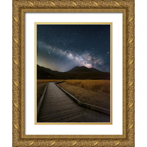 Milky Way shining in the sky of Kuju Mountain Range Gold Ornate Wood Framed Art Print with Double Matting by Awakari