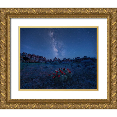 Milky Way Over Blooming Cactus In Needles District Gold Ornate Wood Framed Art Print with Double Matting by Xu, Mei