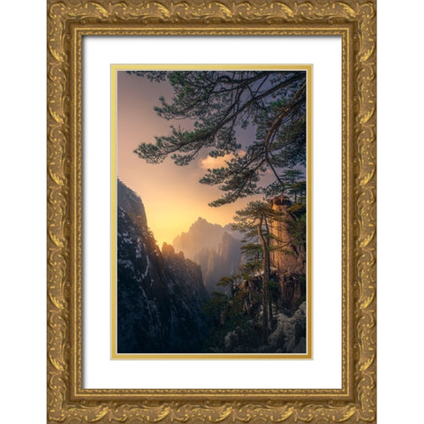 Yellow Mountain Sunset Gold Ornate Wood Framed Art Print with Double Matting by Ye, Ningyun
