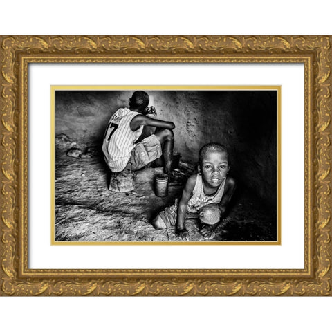 Ilchamus Tribe Children At Home - Kenya Gold Ornate Wood Framed Art Print with Double Matting by Inazio Kuesta, Joxe