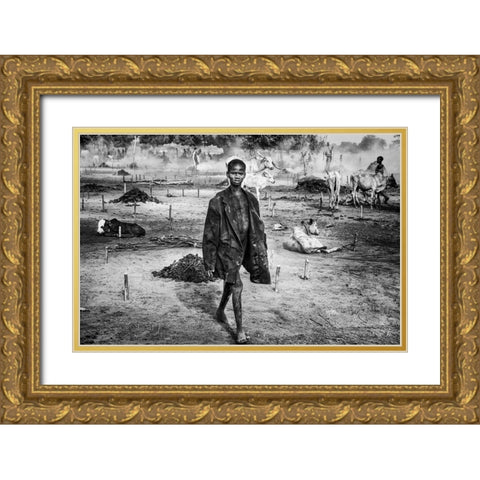A Scene Of Life In A Mundari Cattle Camp - South Sudan Gold Ornate Wood Framed Art Print with Double Matting by Inazio Kuesta, Joxe
