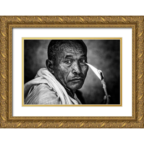 Ethiopian Man Holding A Lit Candle In A Religious Ceremony. Gold Ornate Wood Framed Art Print with Double Matting by Inazio Kuesta, Joxe