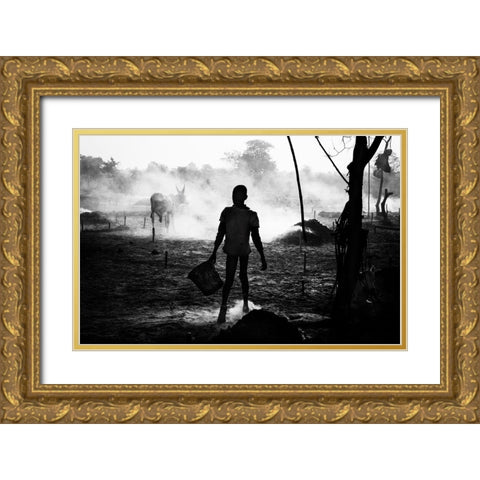 A Scene Of Life In A Mundari Cattle Camp - South Sudan Gold Ornate Wood Framed Art Print with Double Matting by Inazio Kuesta, Joxe