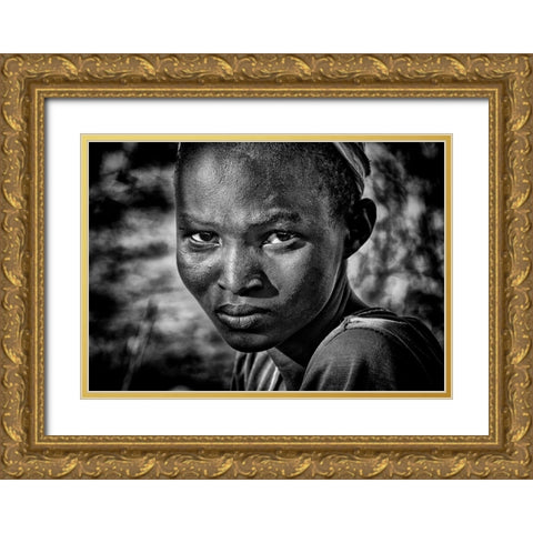 Pokot Tribe Girl-I - Kenya Gold Ornate Wood Framed Art Print with Double Matting by Inazio Kuesta, Joxe