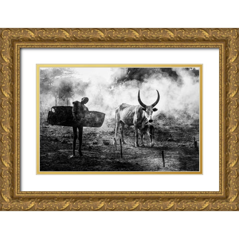 Mundari Chlid Carrying Dung - South Sudan Gold Ornate Wood Framed Art Print with Double Matting by Inazio Kuesta, Joxe