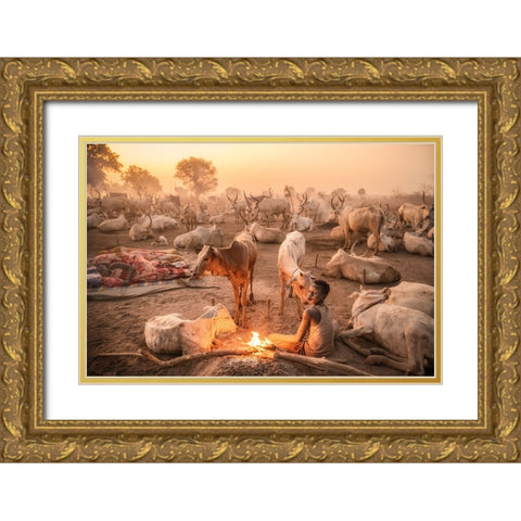 A Young Mundari Herder At Work Gold Ornate Wood Framed Art Print with Double Matting by Cole, Trevor