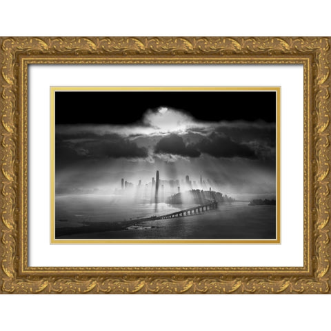 Sunbeams Over The Bridge Gold Ornate Wood Framed Art Print with Double Matting by Huang, Lily