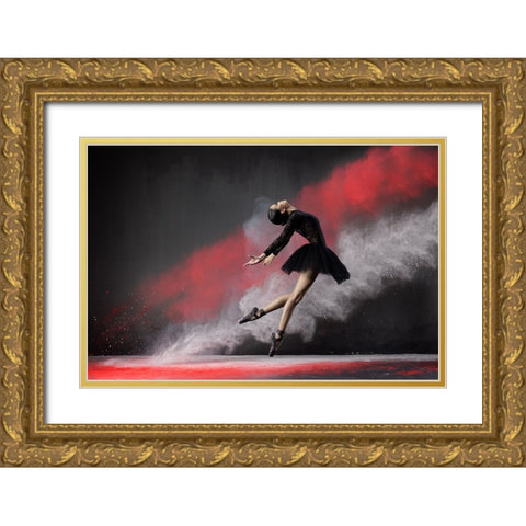 Ballerina Red n White Gold Ornate Wood Framed Art Print with Double Matting by Suhardjo, Lisdiyanto
