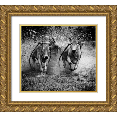 The Bulls Racing Gold Ornate Wood Framed Art Print with Double Matting by Yuk Kong, John
