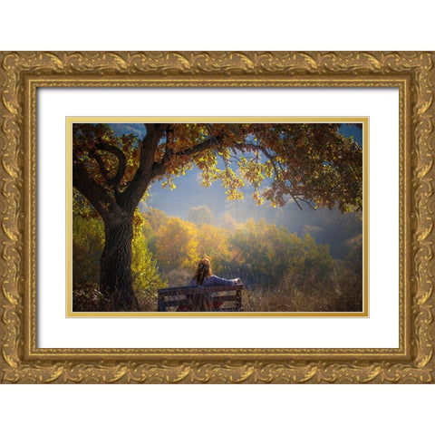 Woman Sitting On A Bench Under A Tree And Facing A Yellow Autumn Gold Ornate Wood Framed Art Print with Double Matting by Oprea, Vio