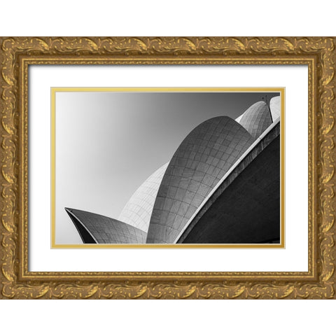 Lotus Temple .. The Grey Scale Gold Ornate Wood Framed Art Print with Double Matting by Chawla, Shobhit