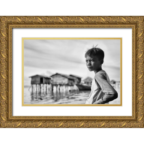 Looking Out To Sea Gold Ornate Wood Framed Art Print with Double Matting by Long, Kieron