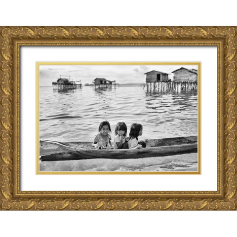 Three Girls In A Canoe Gold Ornate Wood Framed Art Print with Double Matting by Long, Kieron