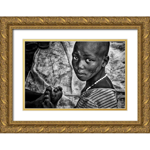 Larim Tribe Girl Massaging Feet - South Sudan Gold Ornate Wood Framed Art Print with Double Matting by Inazio Kuesta, Joxe