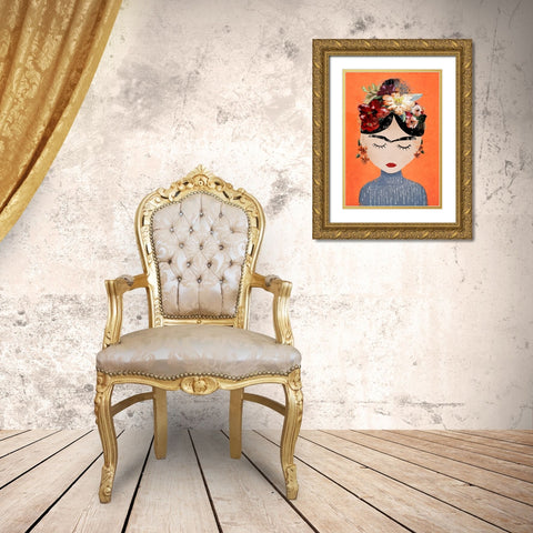 Frida (Orange Version) Gold Ornate Wood Framed Art Print with Double Matting by Treechild