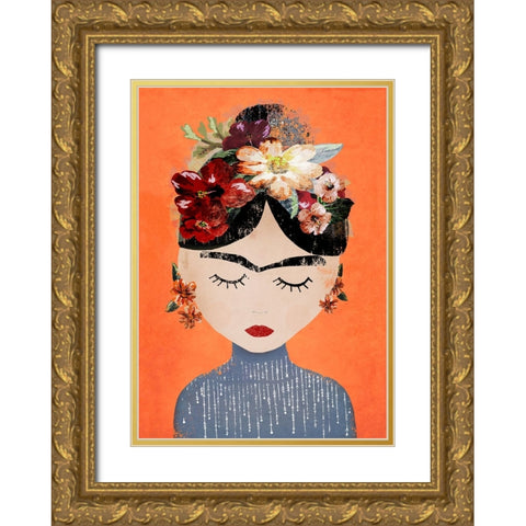 Frida (Orange Version) Gold Ornate Wood Framed Art Print with Double Matting by Treechild