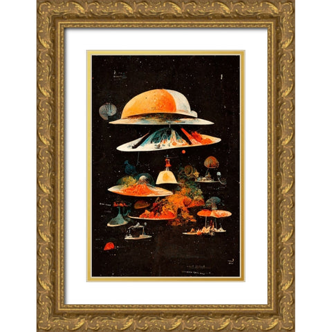 Flying Saucers Gold Ornate Wood Framed Art Print with Double Matting by Treechild