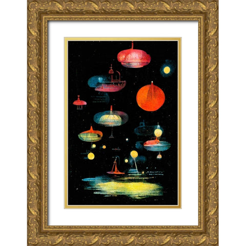 Lanterns Gold Ornate Wood Framed Art Print with Double Matting by Treechild