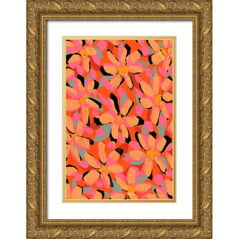 Yellow Flower Pattern Gold Ornate Wood Framed Art Print with Double Matting by Treechild