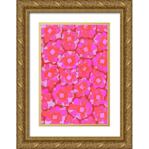 Cute Pink Blossom Pattern Gold Ornate Wood Framed Art Print with Double Matting by Treechild