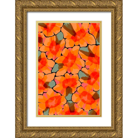 Orange Big Flowers Gold Ornate Wood Framed Art Print with Double Matting by Treechild