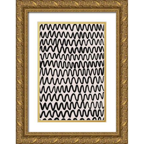 Thin Black Waves Pattern Gold Ornate Wood Framed Art Print with Double Matting by Treechild