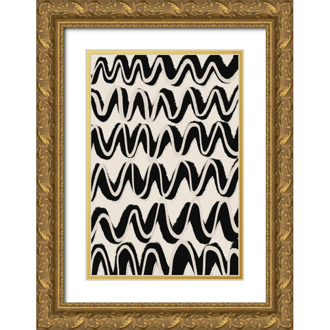 Beige Black Waves Pattern Gold Ornate Wood Framed Art Print with Double Matting by Treechild