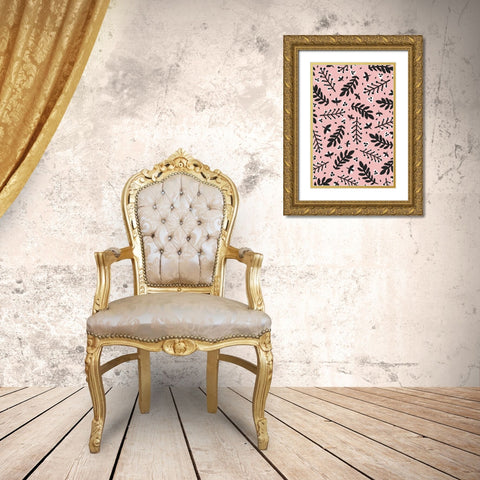 Branches And Berries (Pink) Gold Ornate Wood Framed Art Print with Double Matting by Treechild