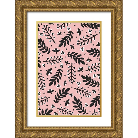 Branches And Berries (Pink) Gold Ornate Wood Framed Art Print with Double Matting by Treechild