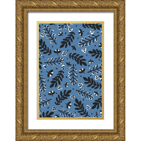 Branches And Berries (Blue) Gold Ornate Wood Framed Art Print with Double Matting by Treechild
