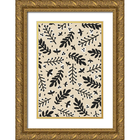 Banches And Berries (Beige) Gold Ornate Wood Framed Art Print with Double Matting by Treechild