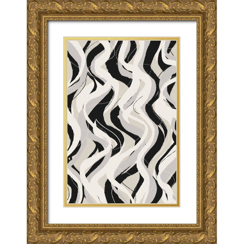 Beige Grey Black Waves Pattern Gold Ornate Wood Framed Art Print with Double Matting by Treechild