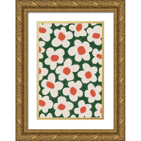 Cute Beige Flower Pattern Gold Ornate Wood Framed Art Print with Double Matting by Treechild