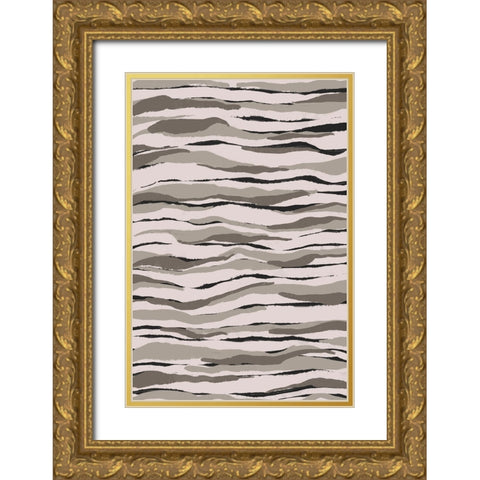 Grey And Beige Waves Gold Ornate Wood Framed Art Print with Double Matting by Treechild