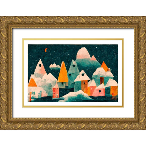 Little Village With Moon Gold Ornate Wood Framed Art Print with Double Matting by Treechild