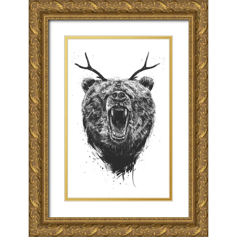 Angry Bear with Antlers Gold Ornate Wood Framed Art Print with Double Matting by Solti, Balazs